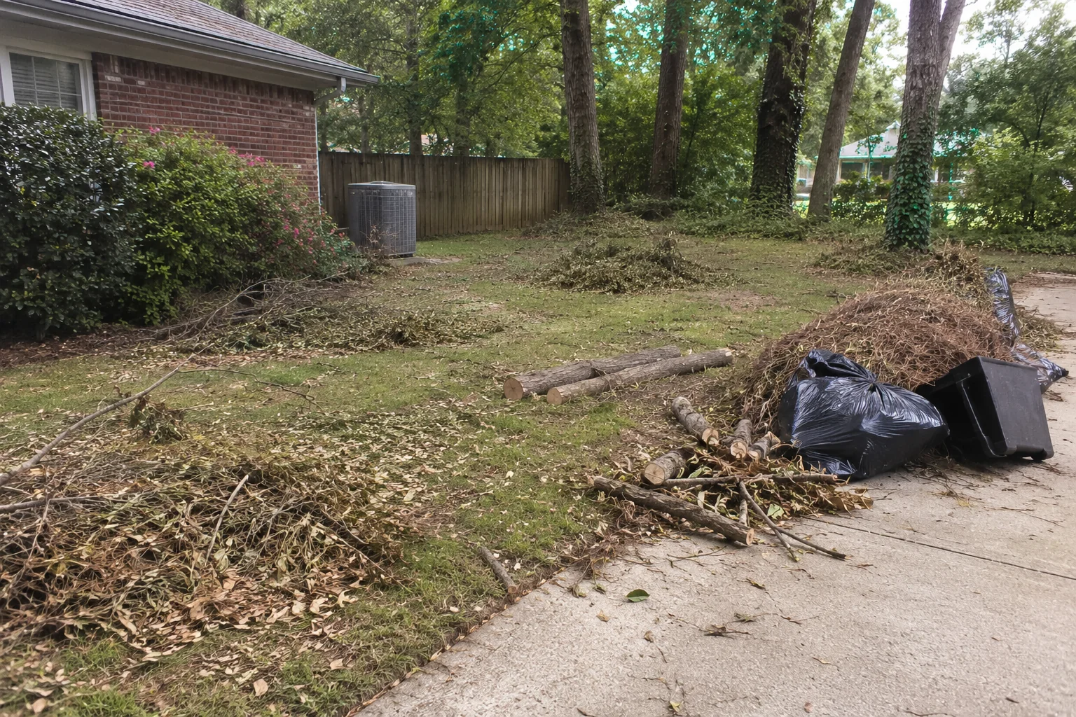 Branches, leaves and bagged yard debris gathered beside a driveway