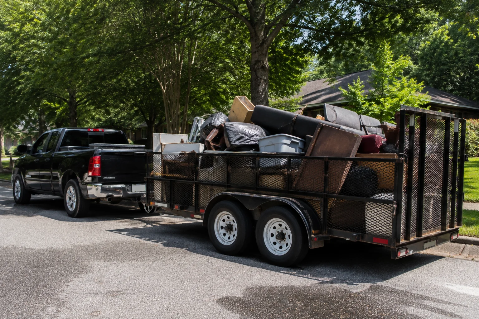 Utility trailer loaded with furniture and household items for hauling